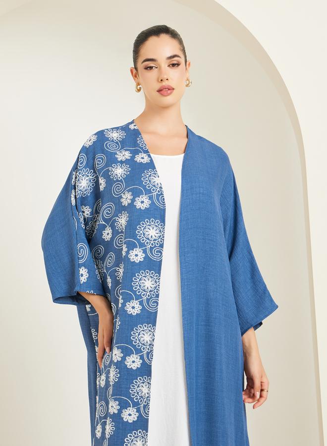 Amirah Women Blue Embroidered Batwing Sleeve Abaya - Image 2