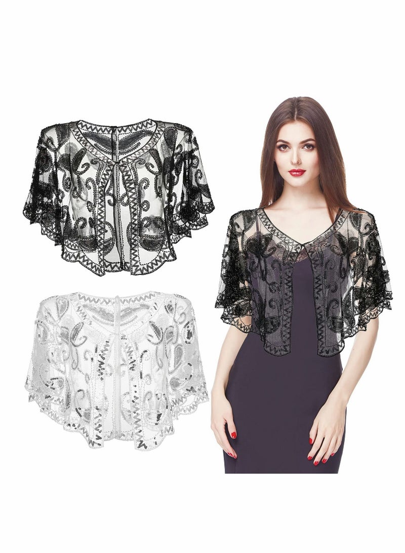 Excefore Women's 1920s Sequin Shawls, Sequin Beaded Evening Cape Bolero Flapper Cover Up Top for Evening Dresses Party 2Pcs - Image 1