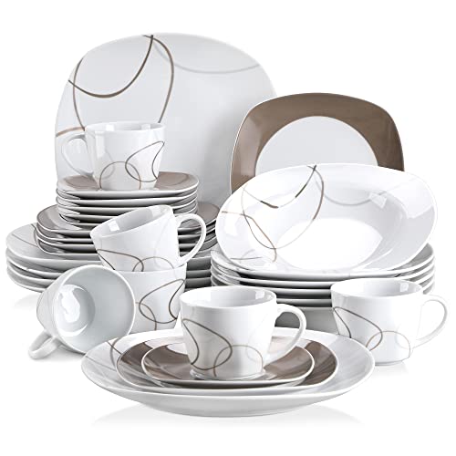 VEWEET Nikita 30Piece Dinner Set Ivory White Brown Lines Porcelain China Ceramic Combination Sets of Dessert PlatesSoup PlatesDinner PlatesCupsSaucers Service for 6