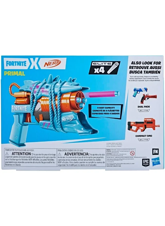 NERF Nerf Fortnite Primal Blaster, 4-Dart Blasting, Fortnite Primal Equipment Design, 4 Nerf Elite Darts
