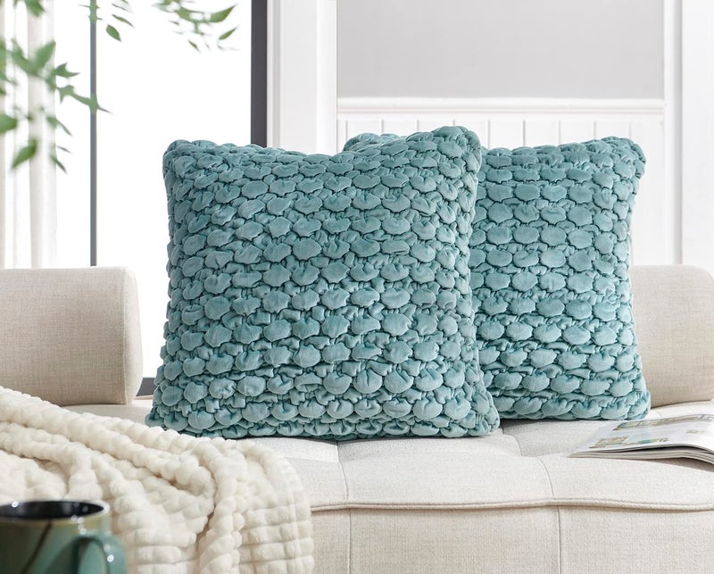 COCOPLOCEUS Set of 2 Boho Throw Pillow Covers 18x18 Decorative Farmhouse Pillow Covers Velvet Square Cushion Covers Bubble Texture Pillowcase for Couch Sofa Bed Bedroom Car Living Room  Blue Green - Image 2
