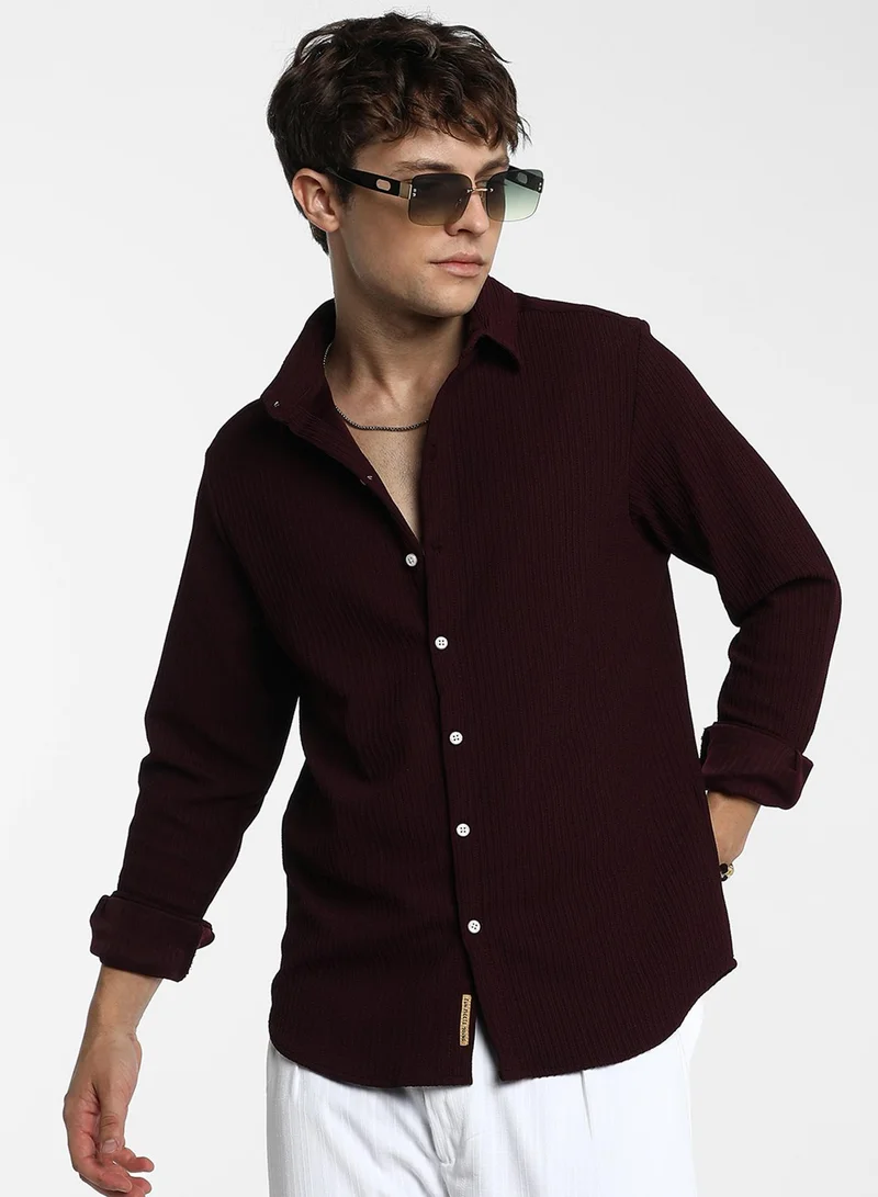 كامبوس سوترا Men's Maroon Red Stripe-Creased Shirt For Casual Wear | Spread Collar | Long Sleeve | Button Closure | Shirt Crafted With Comfort Fit For Everyday Wear