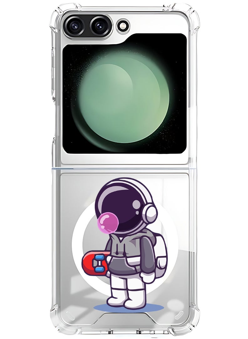 Theodor Magnetic Case for Samsung Galaxy Z Flip 5 Compatible with MagSafe Wireless Charging, Shockproof Phone Bumper Cover Astronaut holding skateboard - Image 1