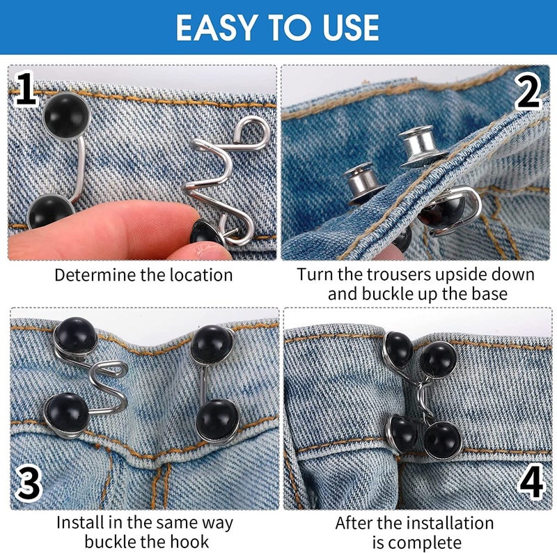 HEAVY DRIVER® 4pcs Pant Waist Tightener, Adjustable Waist Buckle Set, Extra Button for Jeans to Make Tighter, Instant Jeans Button Pins for Pants Jeans Skirts, No Sewing Required (Black Pearl) - Image 3