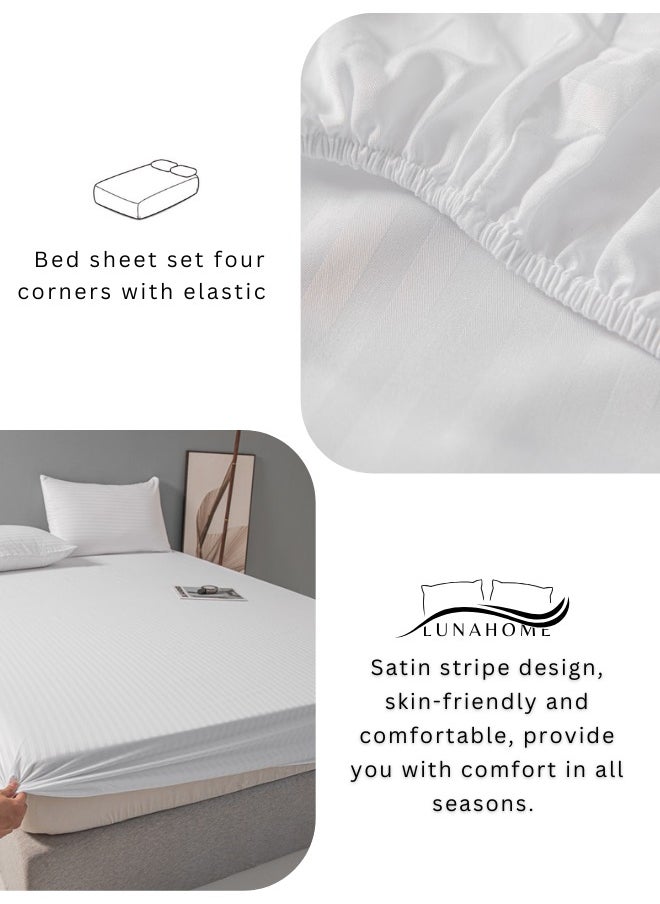 LUNA Home - 3 Pcs Queen Size Fitted sheet with elastic corner 160*200 + 30 cm with 2 pillow cases, bedsheet set, white. - Image 1