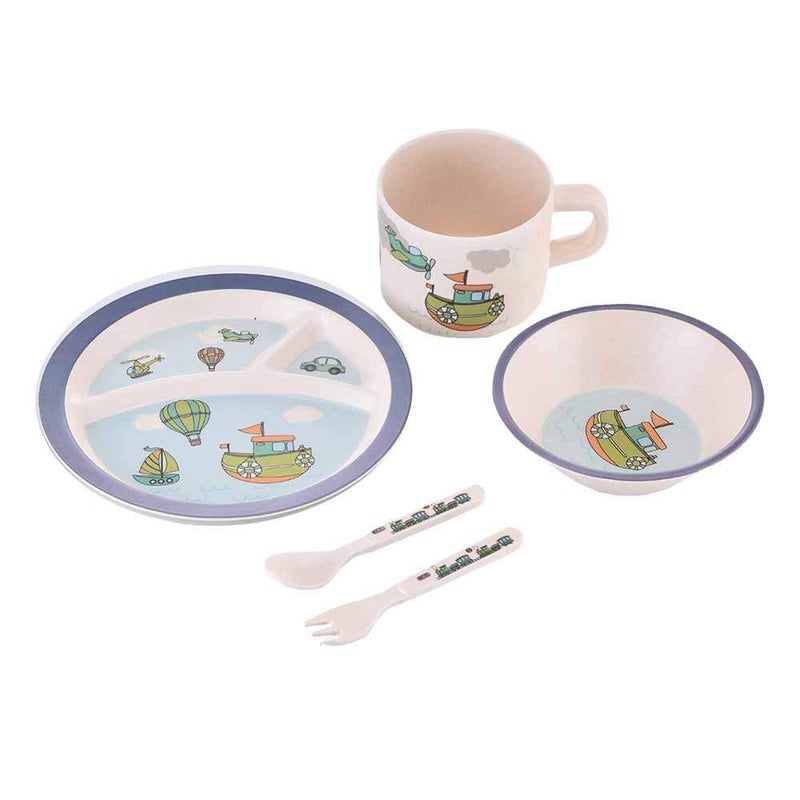 EZ Life 5 Pcs Kids Round Dining Set - Eco Friendly - Bamboo Fibre - Plate, Bowl, Spoon, Fork & Cup - Balloons - Blue Crockery Dinner Set, Dinnerware, Home Kitchen, Kids Dinner Plate, Serveware - Image 1