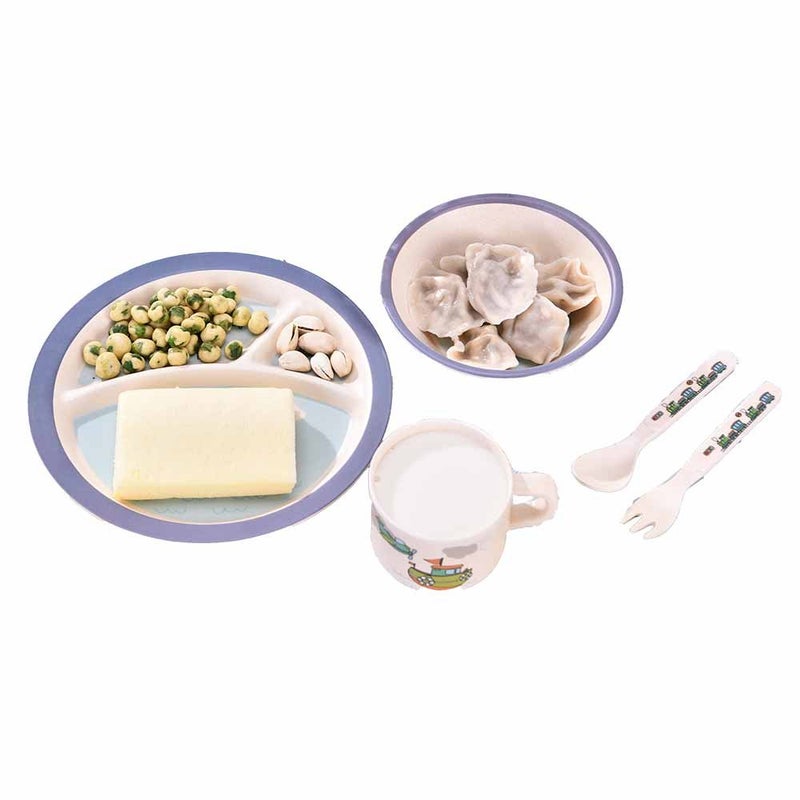 EZ Life 5 Pcs Kids Round Dining Set - Eco Friendly - Bamboo Fibre - Plate, Bowl, Spoon, Fork & Cup - Balloons - Blue Crockery Dinner Set, Dinnerware, Home Kitchen, Kids Dinner Plate, Serveware - Image 2