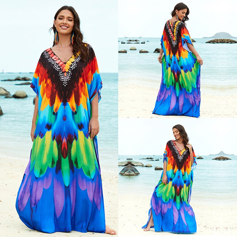 Generic Cross-border European and American rayon tie-dyed beach jumpsuit long dress loose robe bikini swimsuit outer blouse sun protection shirt ZS2277-5 macaw feather