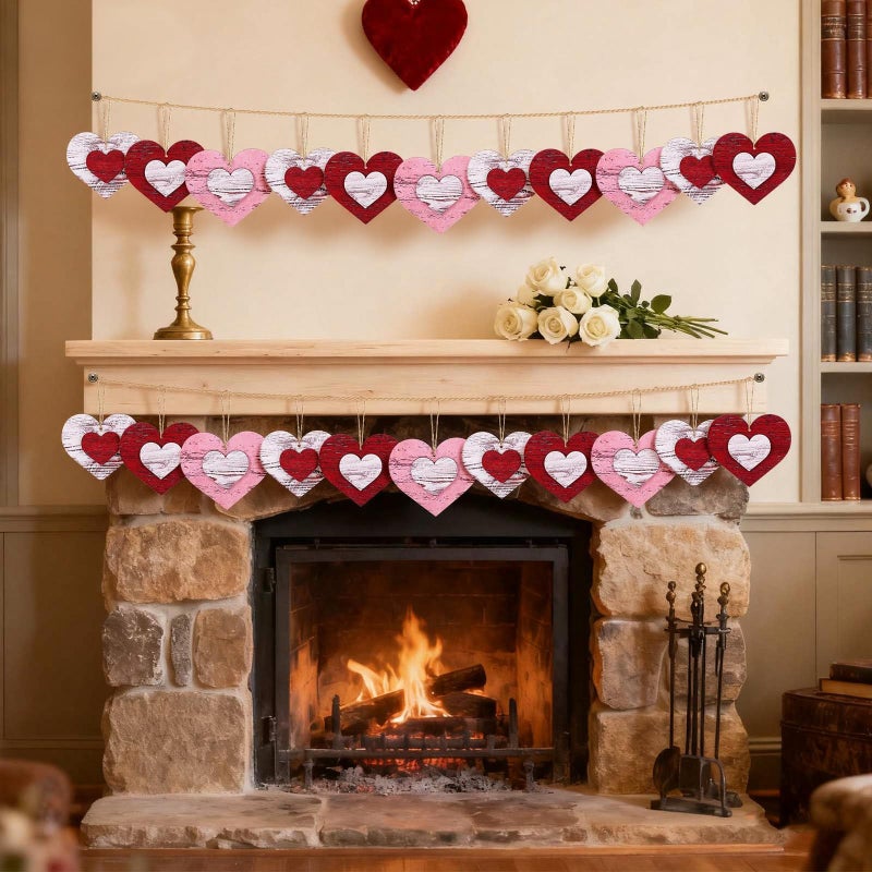 Vercraft 24 Pcs Valentines Day Tree Decorations 3D Vintage Red Pink White Wood Heart Tree Ornaments Distressed Rustic Valentines Hanging Decoration for Home Office Wedding Anniversary Birthday Party Gifts - Image 5