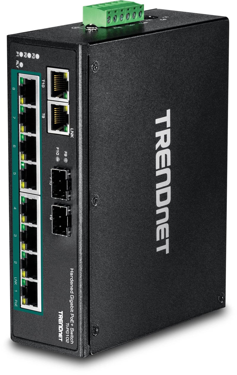TRENDnet 10Port Industrial Gigabit PoE DINRail Switch 8 x Gigabit PoE Ports DINRail Mount 2 x SFP Slots 240W PoE Power Budget Network Switch IP30 QoS Lifetime Protection Black TIPG102