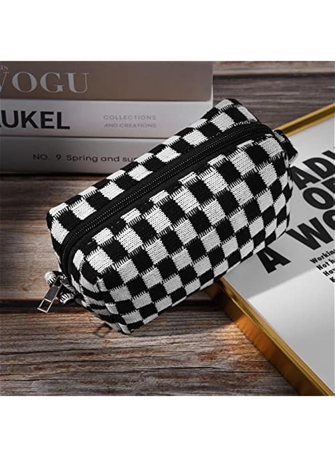 Makeup Bag Checkered Cosmetic Bag Black Makeup Pouch 1Pcs Large Capacity Makeup Bags and 1Pcs Makeup Brushes Storage Bag Travel Toiletry Bag Organizer - Image 5