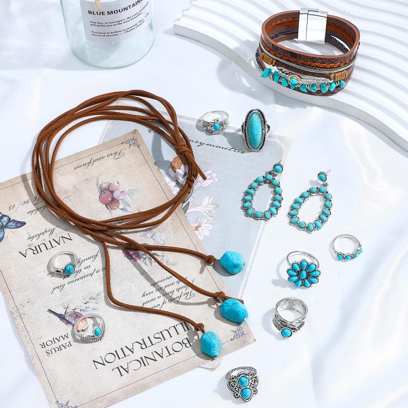 NEWITIN 13 Pieces Leather Western Jewelry Set for Women Bohemian Costume Jewels Turquoise Necklace Belt Bracelet Ring Earrings Turquoise Jewelry Set for Women - Image 2