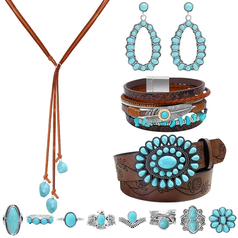 NEWITIN 13 Pieces Leather Western Jewelry Set for Women Bohemian Costume Jewels Turquoise Necklace Belt Bracelet Ring Earrings Turquoise Jewelry Set for Women - Image 1