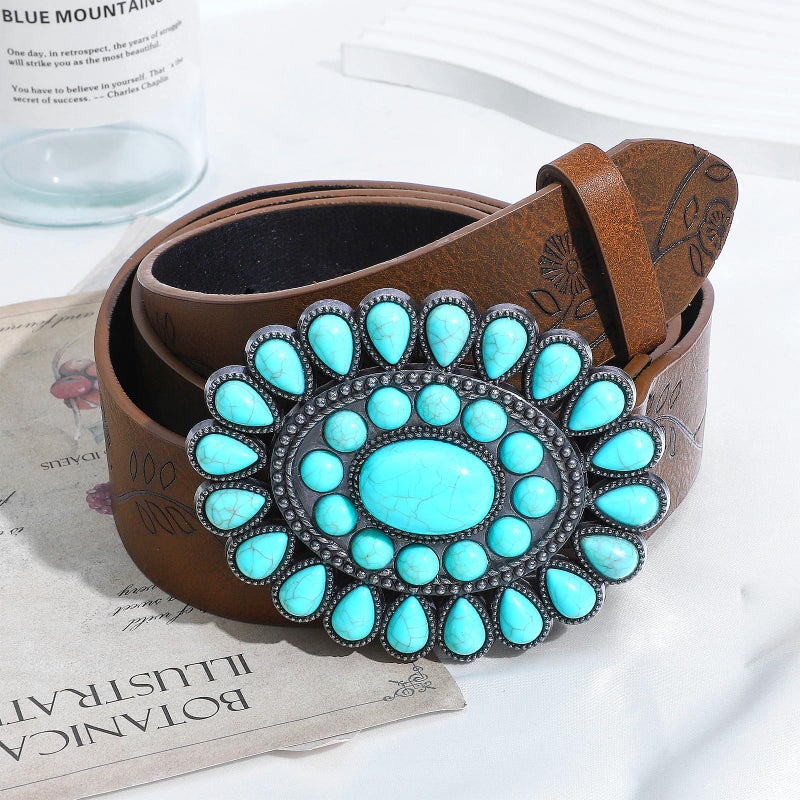 NEWITIN 13 Pieces Leather Western Jewelry Set for Women Bohemian Costume Jewels Turquoise Necklace Belt Bracelet Ring Earrings Turquoise Jewelry Set for Women - Image 3