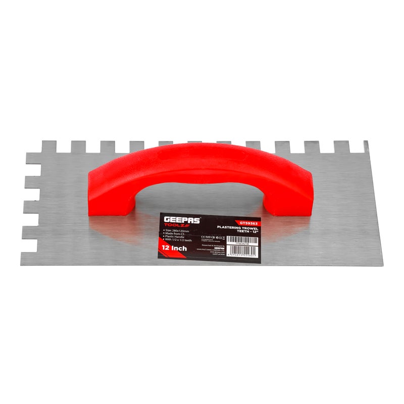 Geepas Toolz 12" Plastering Trowel with Teeth- GT59363| High-Quality CS Construction, Equipped with Plastic Handle and 1/2x1/2 Teeth| Light-Weight and Durable| Ideal for Plastering Applications on Walls, Ceilings, Etc.| Silver and Red - Image 5