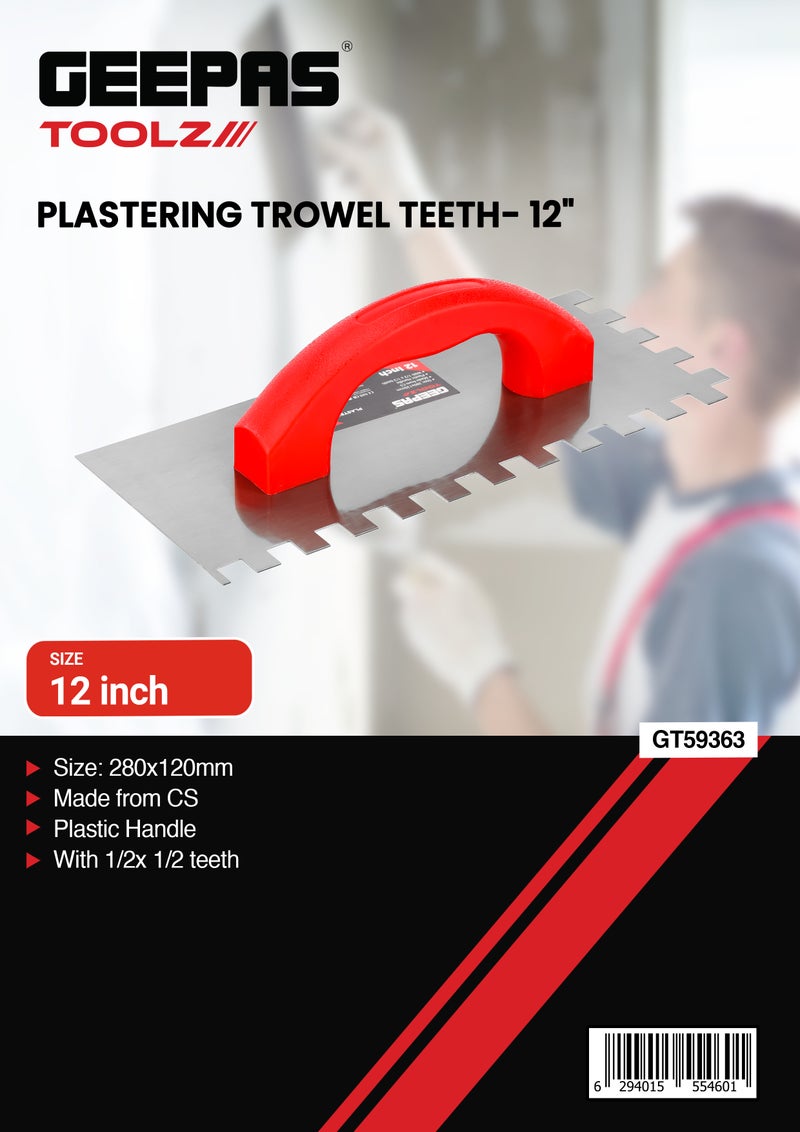 Geepas Toolz 12" Plastering Trowel with Teeth- GT59363| High-Quality CS Construction, Equipped with Plastic Handle and 1/2x1/2 Teeth| Light-Weight and Durable| Ideal for Plastering Applications on Walls, Ceilings, Etc.| Silver and Red - Image 1