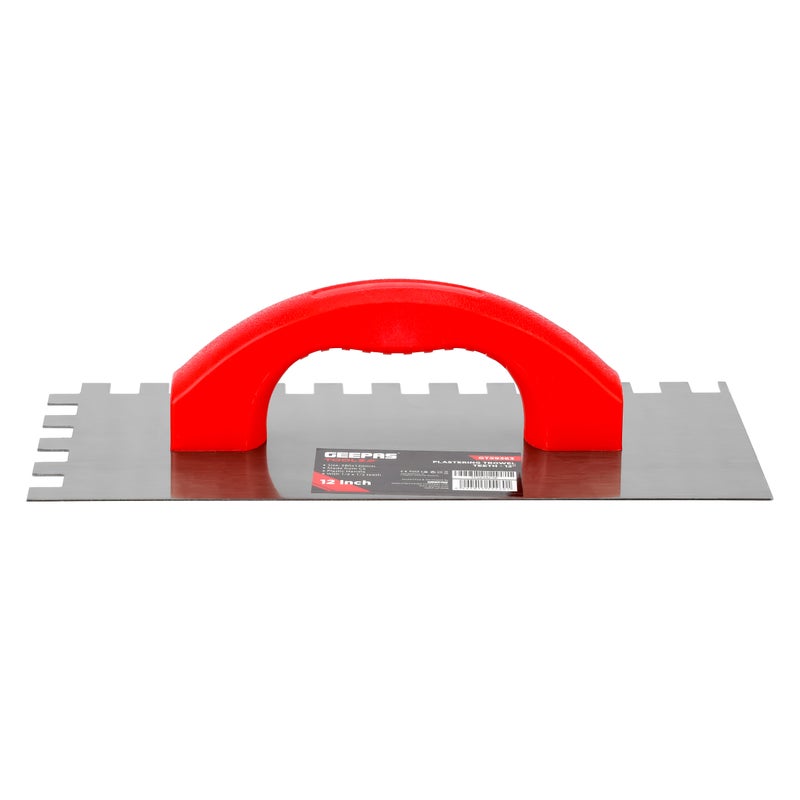Geepas Toolz 12" Plastering Trowel with Teeth- GT59363| High-Quality CS Construction, Equipped with Plastic Handle and 1/2x1/2 Teeth| Light-Weight and Durable| Ideal for Plastering Applications on Walls, Ceilings, Etc.| Silver and Red - Image 3