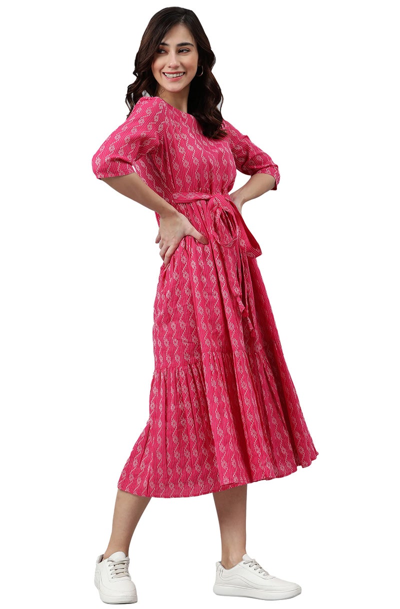 Janasya Women's Pink Pure Cotton Woven Design Tiered Dress(JNE3869-DR-XL) - Image 2