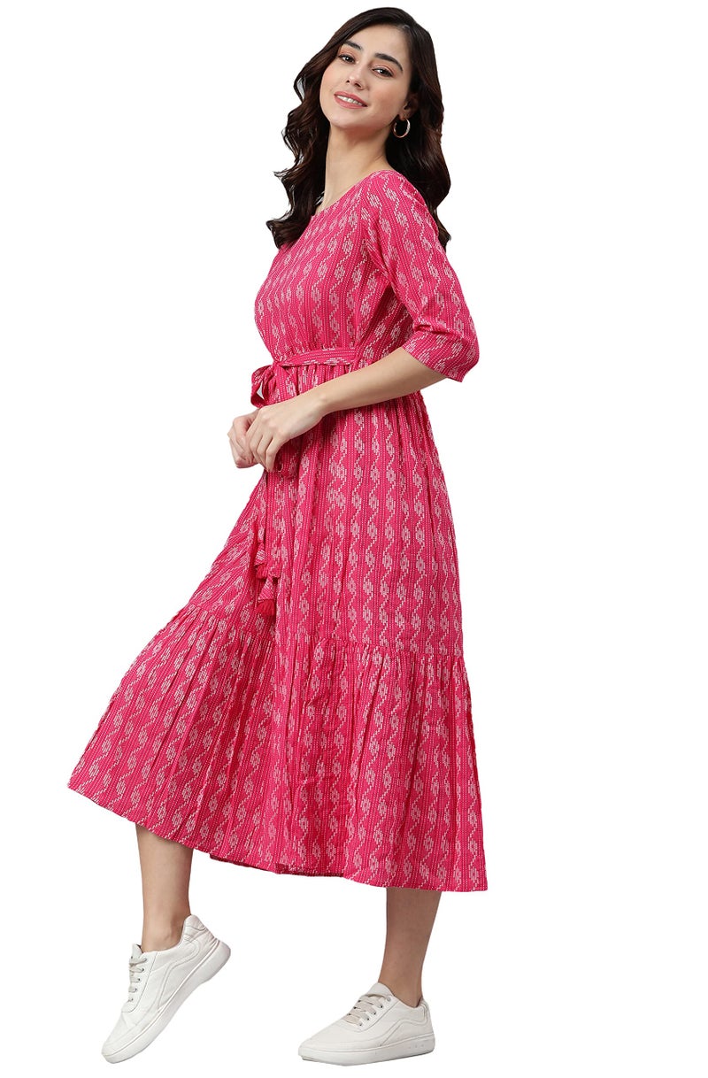 Janasya Women's Pink Pure Cotton Woven Design Tiered Dress(JNE3869-DR-XL) - Image 3