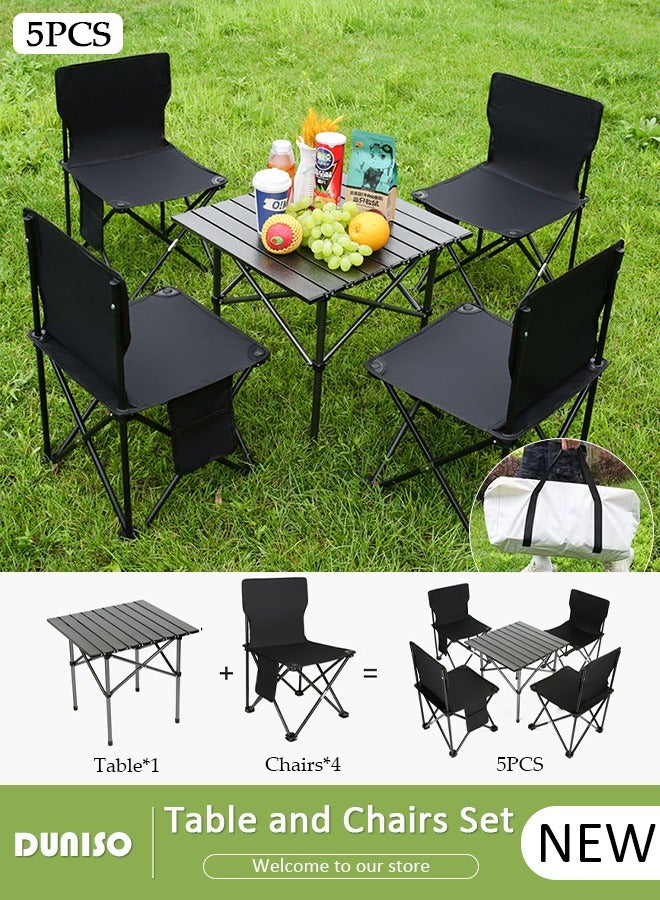DUNISO 5 Piece Folding Camping Table Chair Set,Aluminum Roll Up Portable Picnic Table Outdoor Lightweight Folding Table with Carry Bag, Portable Folding Travel Table Chair for Outdoor Indoor Picnic Party BBQ Hiking Patio Garden Backyard(1*Table&4*Chairs) - Image 1