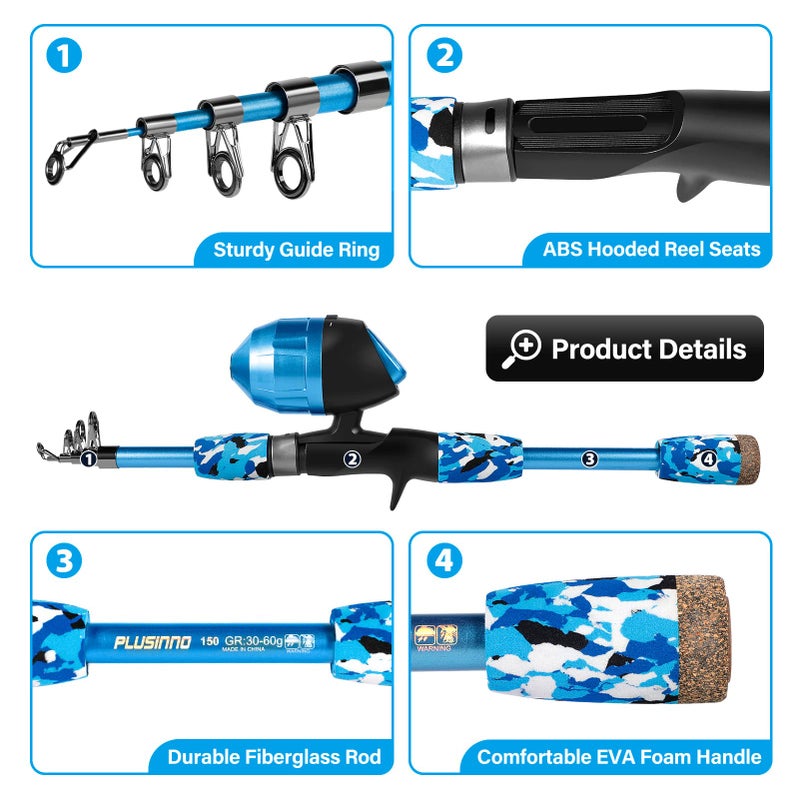 PLUSINNO Kids Fishing Pole with Spincast Reel Telescopic Fishing Rod Combo Full Kits for Boys, Girls, and Adults(Blue, 120cm 47.24In) - Image 3