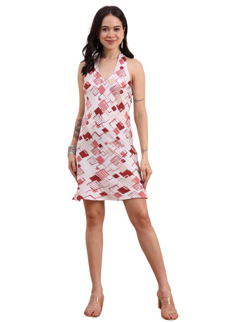Yash Gallery Women’s Delta Fabric Geometric Print Sleeveless A- Line Halter Neck Mini Dress - Image 1