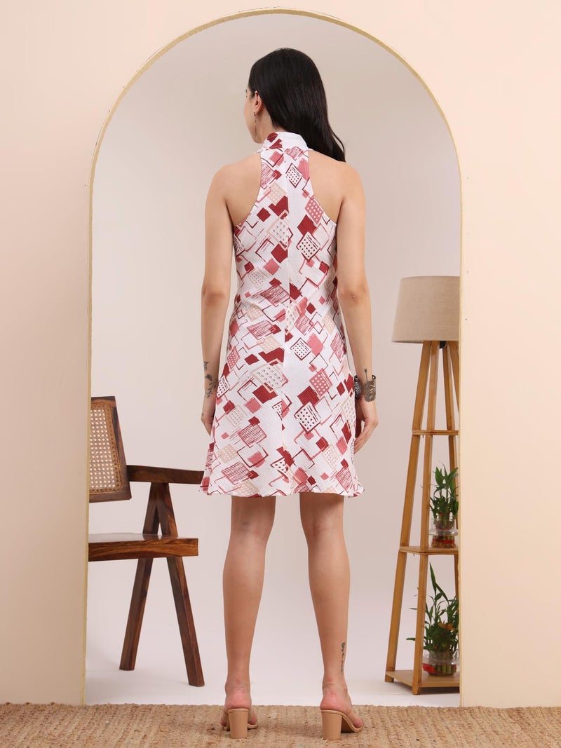 Yash Gallery Women’s Delta Fabric Geometric Print Sleeveless A- Line Halter Neck Mini Dress - Image 4