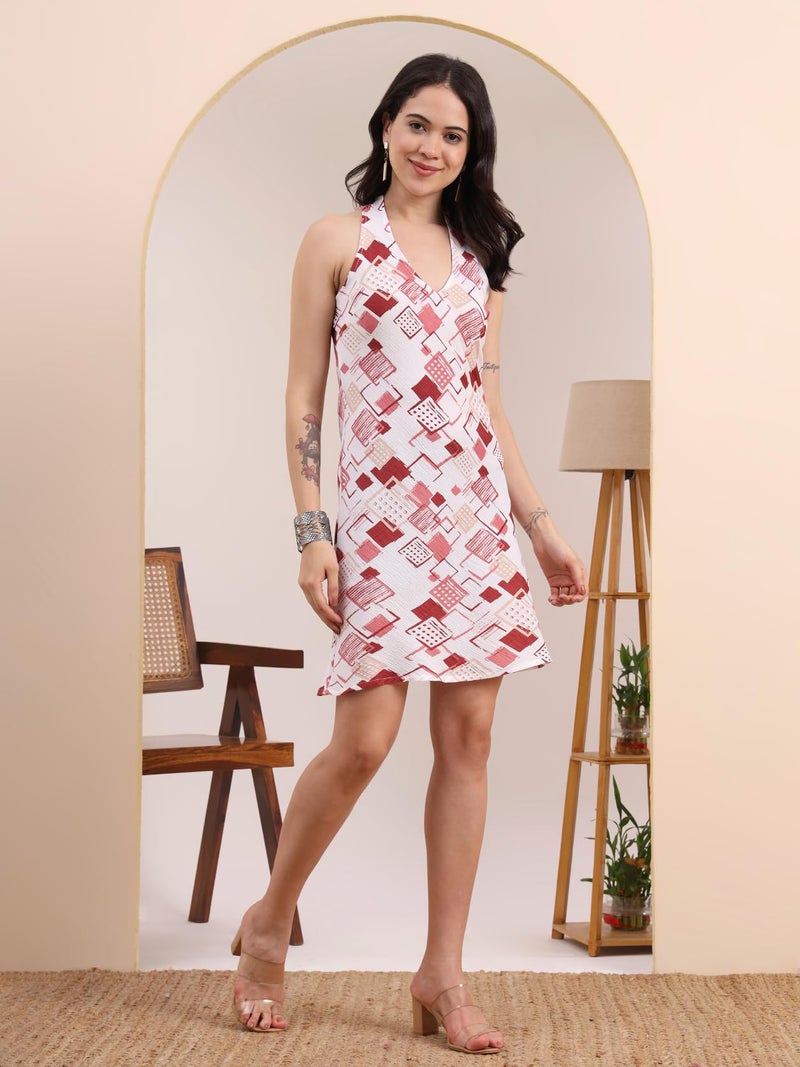 Yash Gallery Women’s Delta Fabric Geometric Print Sleeveless A- Line Halter Neck Mini Dress - Image 2