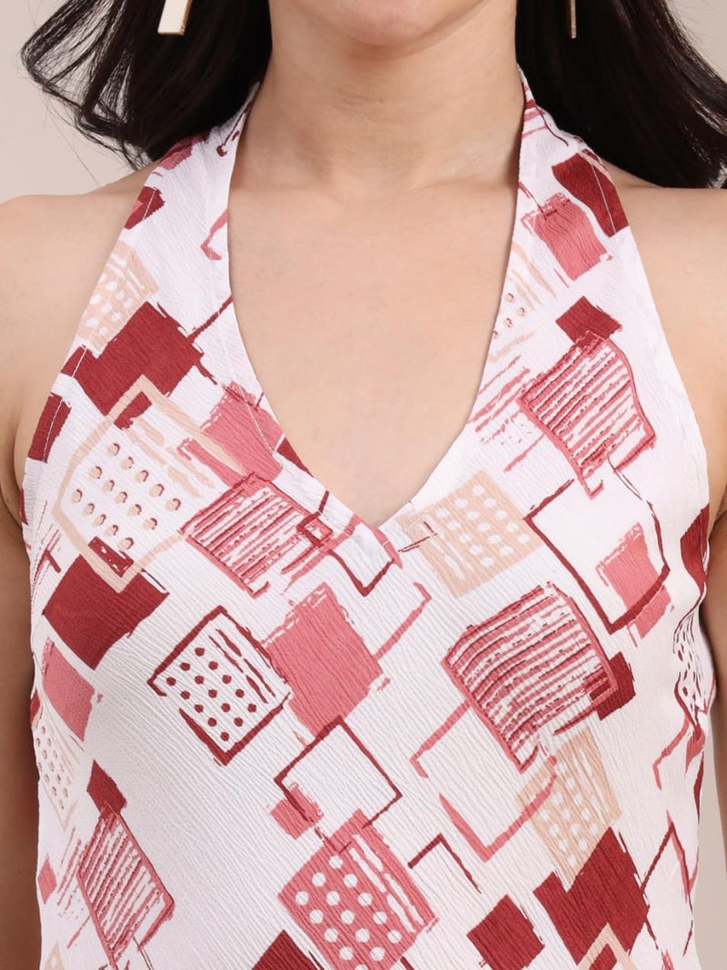 Yash Gallery Women’s Delta Fabric Geometric Print Sleeveless A- Line Halter Neck Mini Dress - Image 5