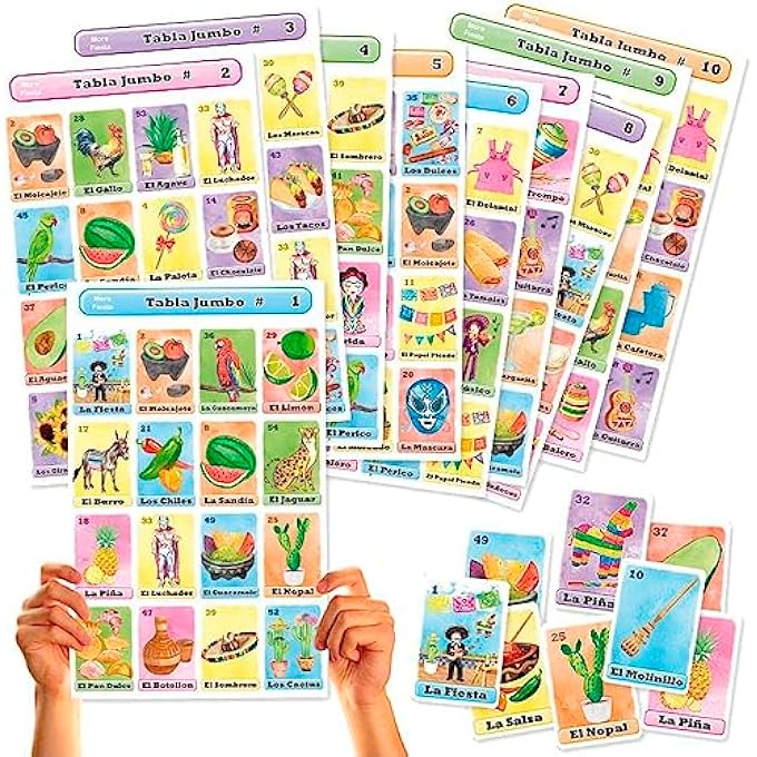 More Fiesta Jumbo Size Mexican Loteria Bingo Game Set in Spanish for up to 10 Players  10 Large Size Boards and Full Deck of Cards - Image 1