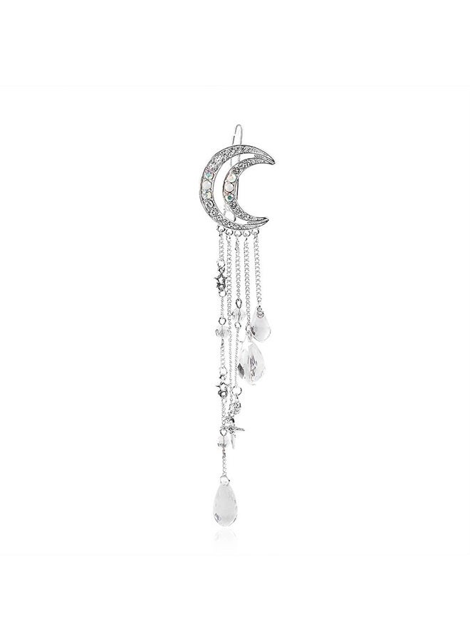 Queenland Romantic Crescent Moon Star Crystal Dangle Hairpin Rhinestone Beads Hair Clips Bridal Jewelry Tassel Drop Hair Pins Bobby Pins For Women Girls Hair Accessories (Silver) - Image 1