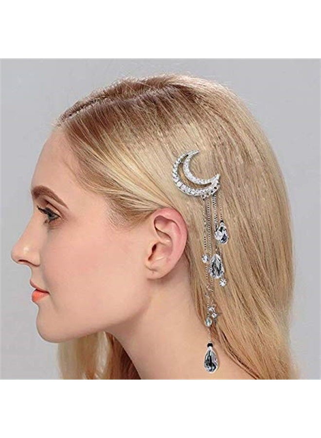 Queenland Romantic Crescent Moon Star Crystal Dangle Hairpin Rhinestone Beads Hair Clips Bridal Jewelry Tassel Drop Hair Pins Bobby Pins For Women Girls Hair Accessories (Silver) - Image 4