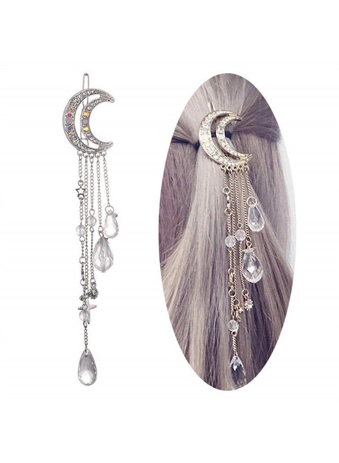 Queenland Romantic Crescent Moon Star Crystal Dangle Hairpin Rhinestone Beads Hair Clips Bridal Jewelry Tassel Drop Hair Pins Bobby Pins For Women Girls Hair Accessories (Silver) - Image 2
