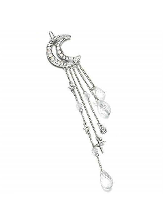 Queenland Romantic Crescent Moon Star Crystal Dangle Hairpin Rhinestone Beads Hair Clips Bridal Jewelry Tassel Drop Hair Pins Bobby Pins For Women Girls Hair Accessories (Silver) - Image 3