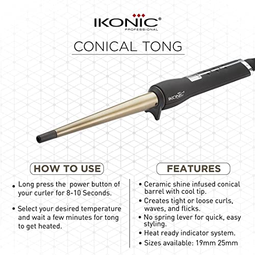 IKONIC Professional Conical Tong Hair Curler - CNT 25mm with Ceramic Barrel for all hair types (Black) for Salon Finish Hair Styling - Image 5