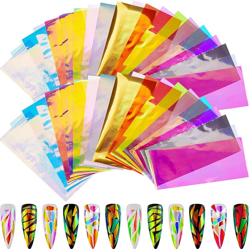 Leelosp 100 Pieces Iridescent Nail Art Glass Paper Cellophane Holographic DIY Mixed Colors Broken Glass Paper Reflective Mirror Foils Nail Art Stickers Dichroic Film Designs - Image 1