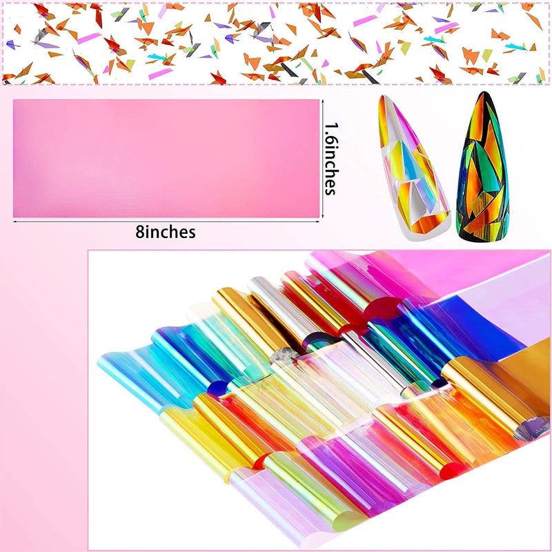 Leelosp 100 Pieces Iridescent Nail Art Glass Paper Cellophane Holographic DIY Mixed Colors Broken Glass Paper Reflective Mirror Foils Nail Art Stickers Dichroic Film Designs - Image 2