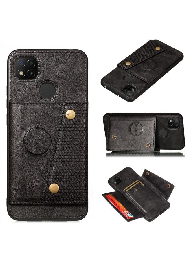 Case Cover For Xiaomi Redmi 9C Double Buckle PU + TPU Shockproof Magnetic Protective Case with Card Slot & Holder Black