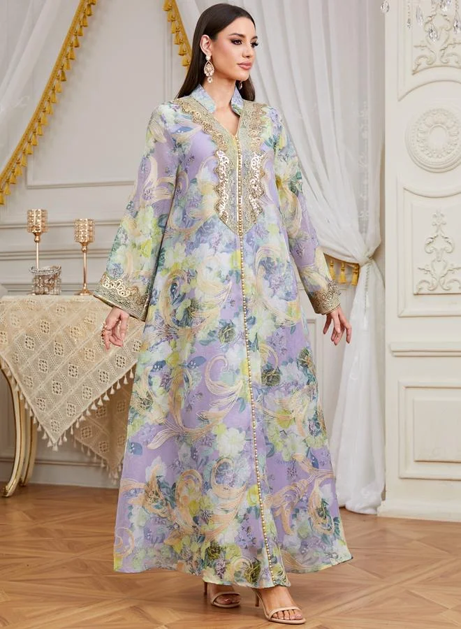 Take Two Women Sequin Embroidered Panel Floral Jalabiya