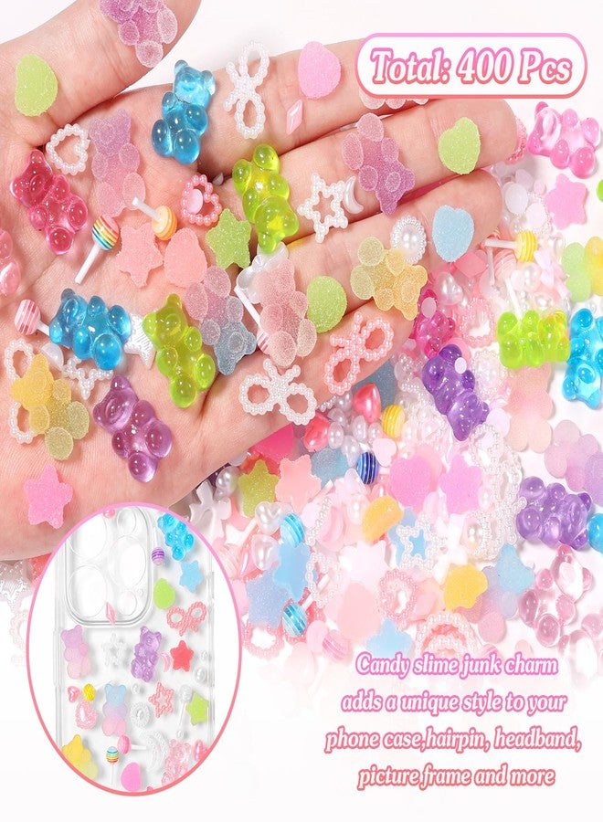 CESUSME 400 Pcs Candy Junk Case Charms Kit, Color Gummy Bear Lollipop Star Heart Charms for Junk Cases, Pink White Bow Moon Hearts Pearls Phone Case Charms, Assorted Slime Charms for DIY Crafts - Image 3