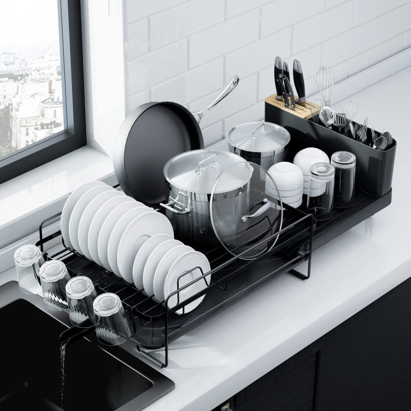 Kitsure Large Dish Drying Rack - Extendable Dish Rack, Multifunctional Dish Rack for Kitchen Counter, Anti-Rust Dish Drainers with Cutlery & Cup Holders 19.2"-26.7" L x 12.9" W, Black - Image 1