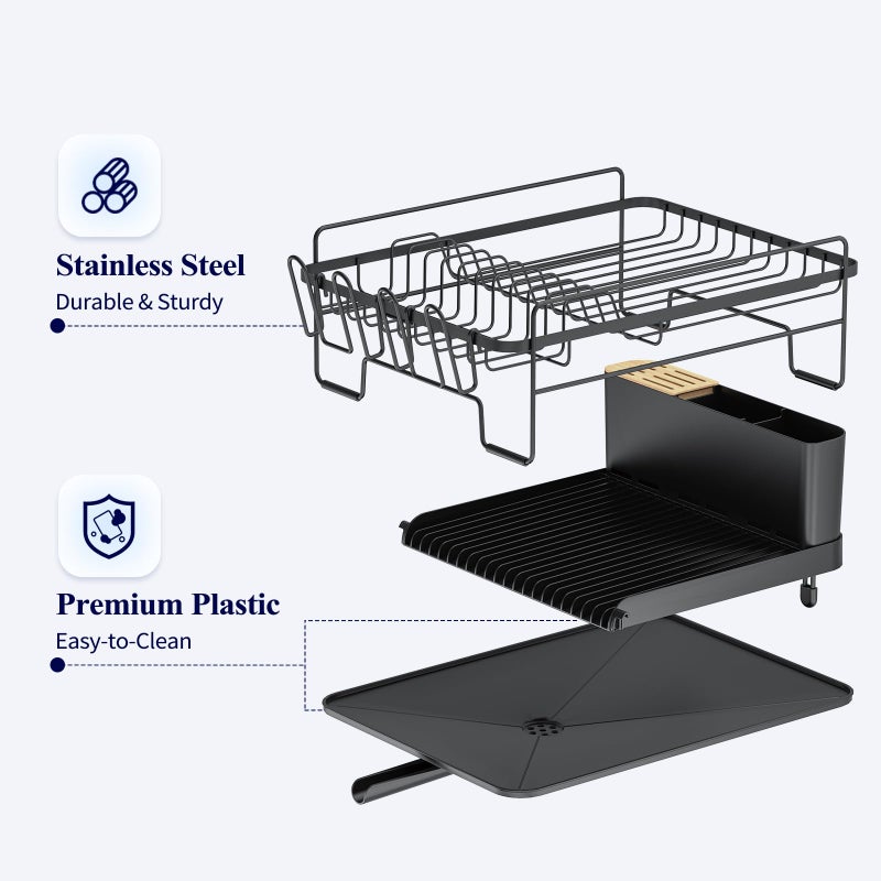 Kitsure Large Dish Drying Rack - Extendable Dish Rack, Multifunctional Dish Rack for Kitchen Counter, Anti-Rust Dish Drainers with Cutlery & Cup Holders 19.2"-26.7" L x 12.9" W, Black - Image 4