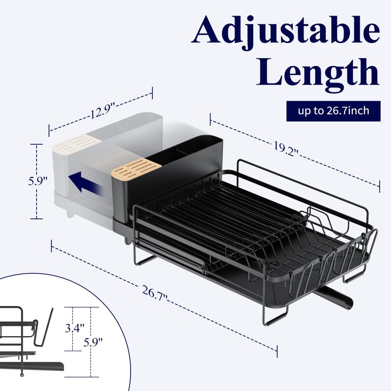 Kitsure Large Dish Drying Rack - Extendable Dish Rack, Multifunctional Dish Rack for Kitchen Counter, Anti-Rust Dish Drainers with Cutlery & Cup Holders 19.2"-26.7" L x 12.9" W, Black - Image 3