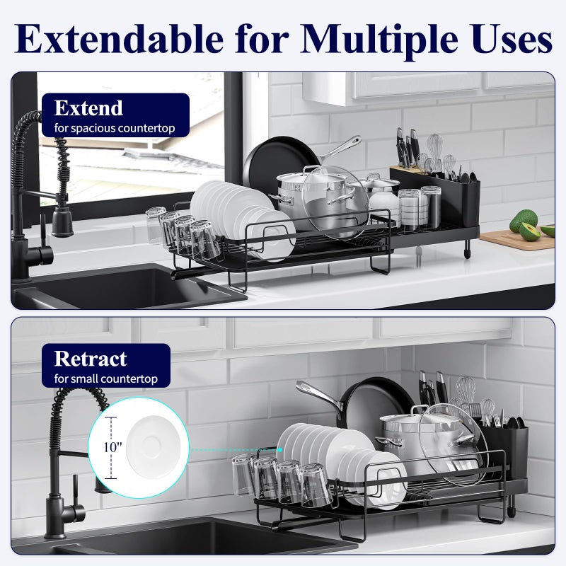 Kitsure Large Dish Drying Rack - Extendable Dish Rack, Multifunctional Dish Rack for Kitchen Counter, Anti-Rust Dish Drainers with Cutlery & Cup Holders 19.2"-26.7" L x 12.9" W, Black - Image 2