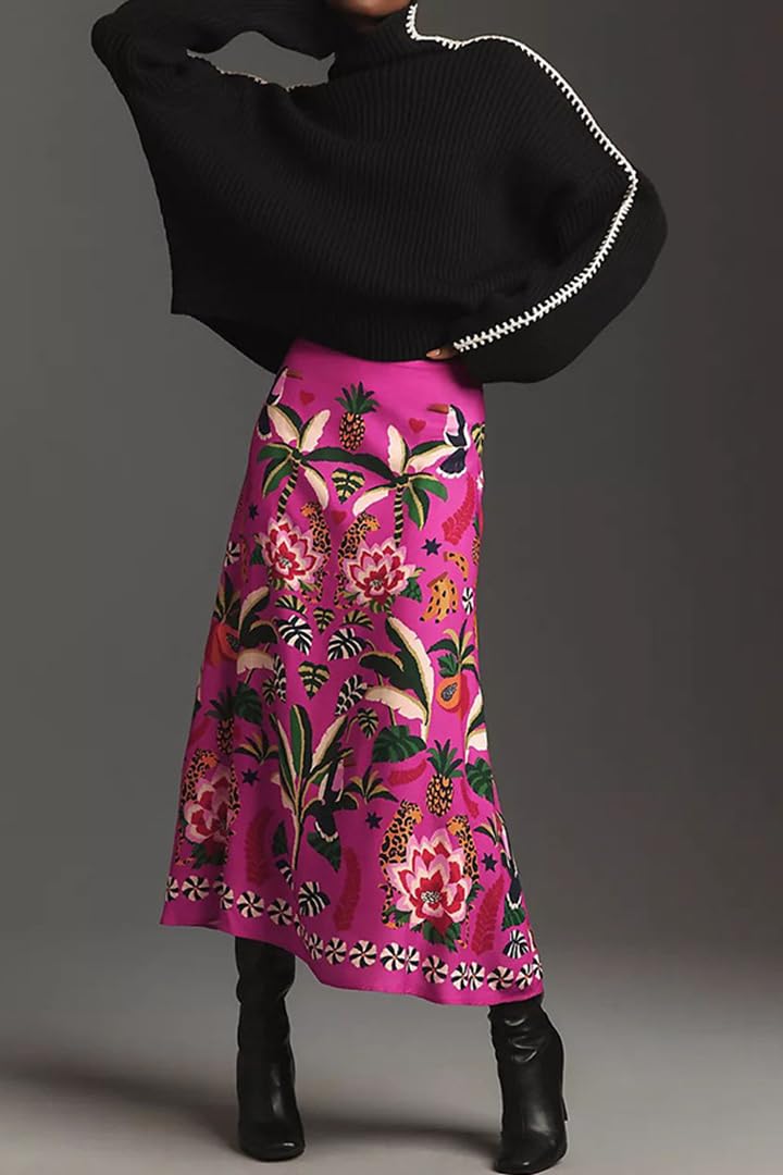 THLAI Womens Skirt Midi Skirt Tropical Plant Print Pink Zipper A-Line Long Skirts Spring Summer Skirt Floral - Image 3