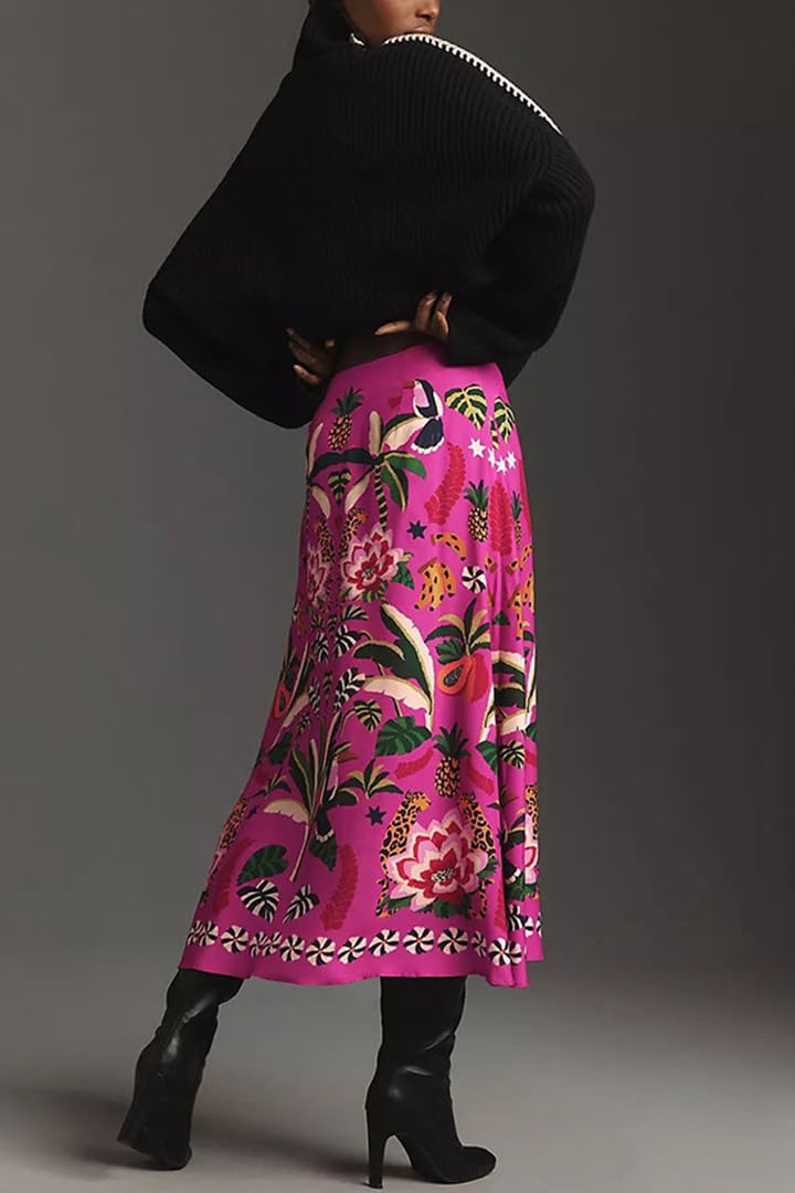 THLAI Womens Skirt Midi Skirt Tropical Plant Print Pink Zipper A-Line Long Skirts Spring Summer Skirt Floral - Image 2