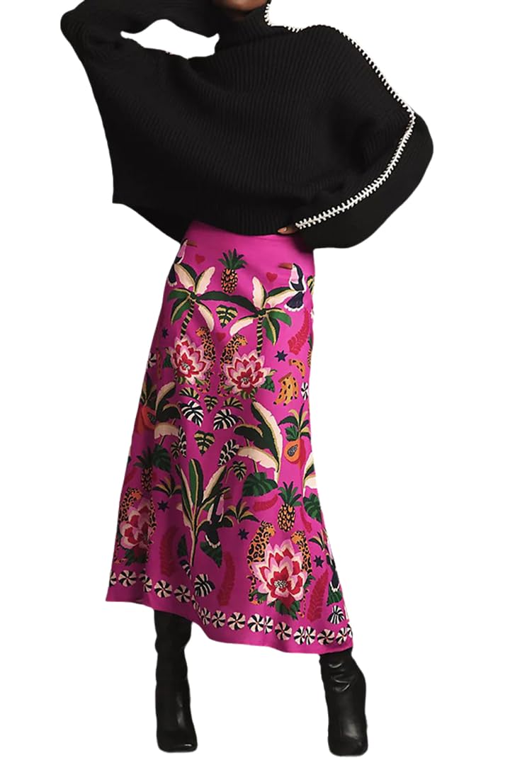 THLAI Womens Skirt Midi Skirt Tropical Plant Print Pink Zipper A-Line Long Skirts Spring Summer Skirt Floral - Image 1