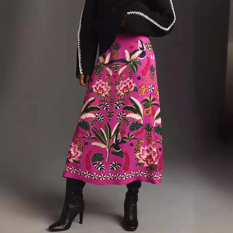 THLAI Womens Skirt Midi Skirt Tropical Plant Print Pink Zipper A-Line Long Skirts Spring Summer Skirt Floral - Image 4
