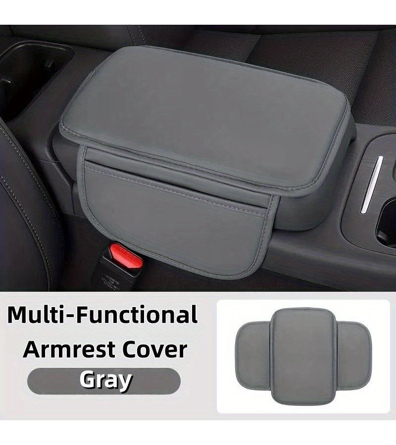 Car Armrest Box Protection Mat Multifunctional Storage Bag Brown Glossy Double Pocket - Image 1