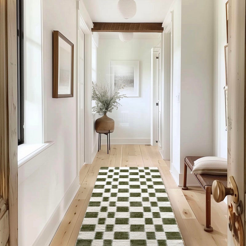EVERGRACE Checkered Plaid Area Rug 2x6, Soft Christmas Faux Wool Rugs Washable Anti Slip Rugs Long Runner Carpet for Entryway Bedroom Living Room Hallway Kitchen and Laundry, Olive Green - Image 1
